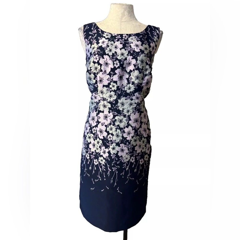 Talbots Floral Embroidered Sheath Dress Sz 6 Navy Blue Shimmer Evening